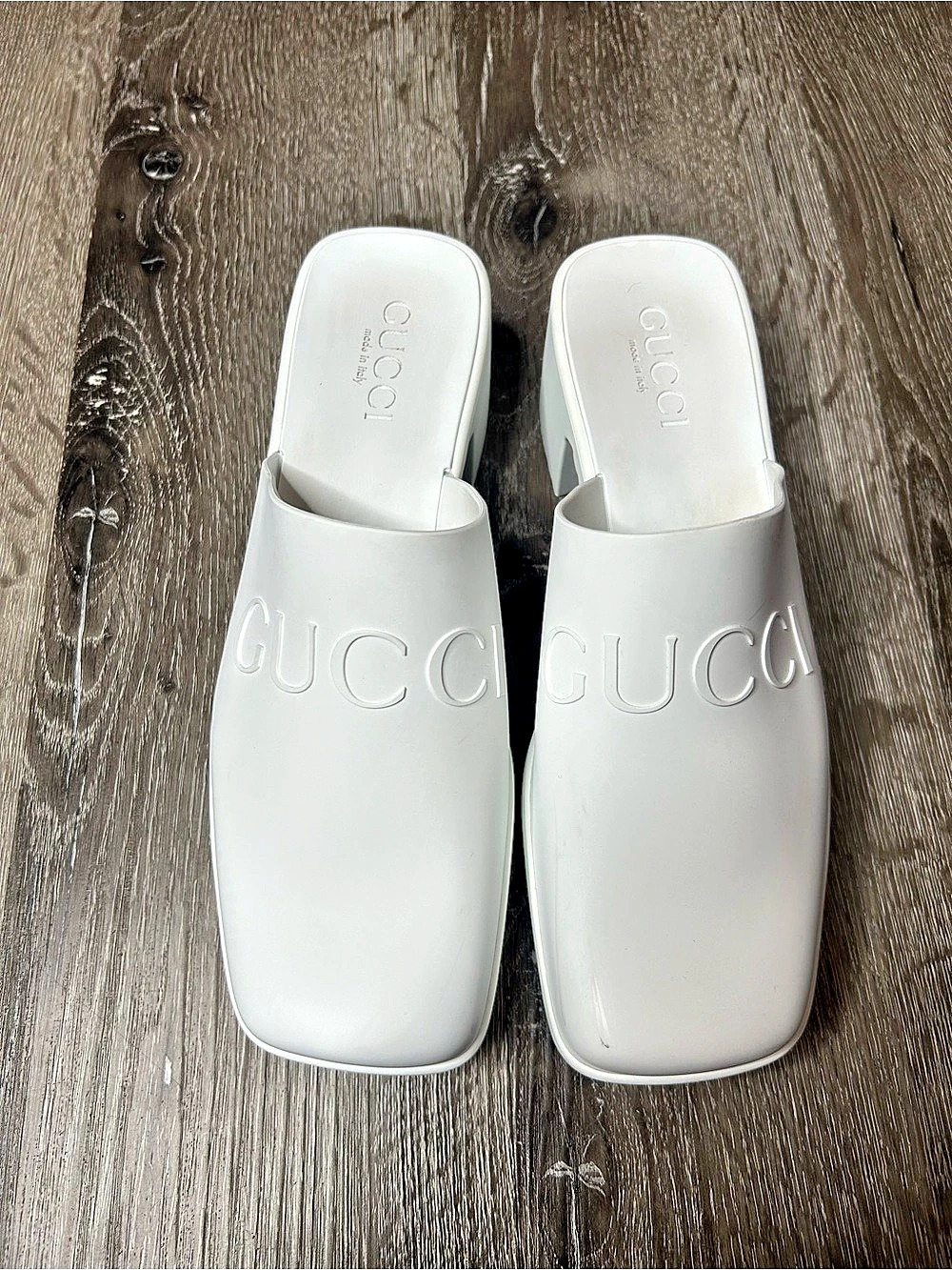 Gucci Rubber Embossed Logo Mule White Mules US 8